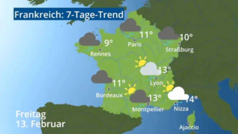 7-Tage-Wettertrend für Frankreich: Prognosen für Paris, Straßburg, Nizza und Korsika