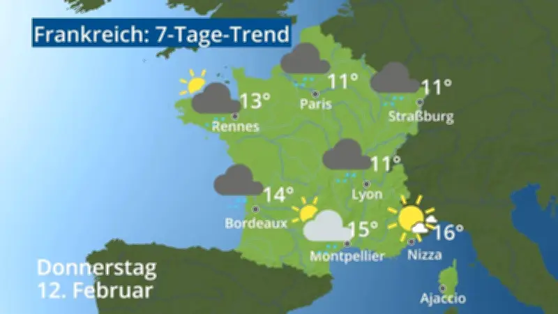 7-Tage-Wettertrend für Frankreich: Prognosen für Paris, Straßburg und Nizza