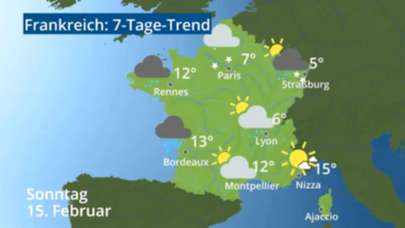 7-Tage-Wettertrend für Frankreich: Vorhersagen für Paris, Straßburg, Nizza und Korsika