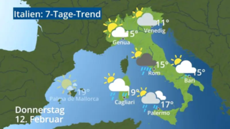 Italien-Wettervorhersage: 7-Tage-Trend für Rom, Venedig, Sizilien und Sardinien