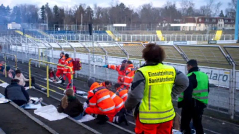Johanniter simulieren Ernstfall: Großübung nach Explosion im Bruno-Plache-Stadion von Lok Leipzig