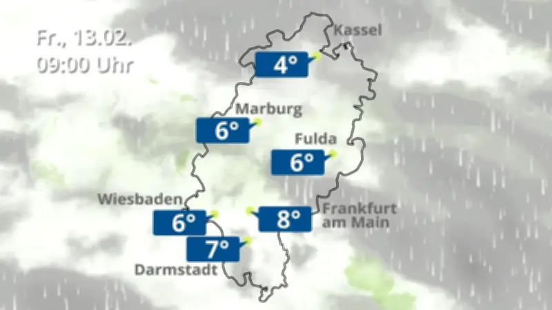 Regen- und Wolkenfilm für Frankfurt und Wiesbaden: Hessens Wetterprognose für den 13. Februar 2026