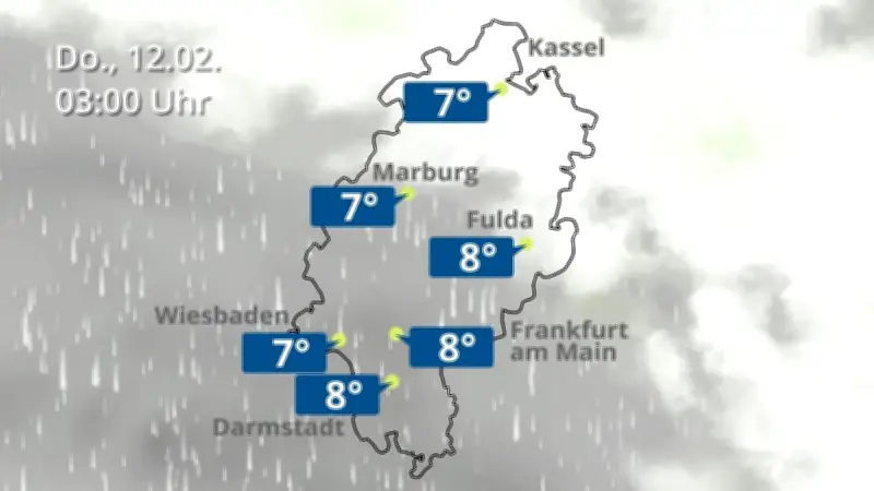 Regen- und Wolkenfilm für Frankfurt und Wiesbaden: Wetterprognose für Hessen am 11. Februar 2026