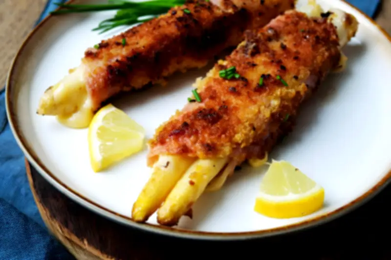 Spargel-Cordon-Bleu: Knusprige Panade trifft zarte Spargelstangen mit Schinken und Käse
