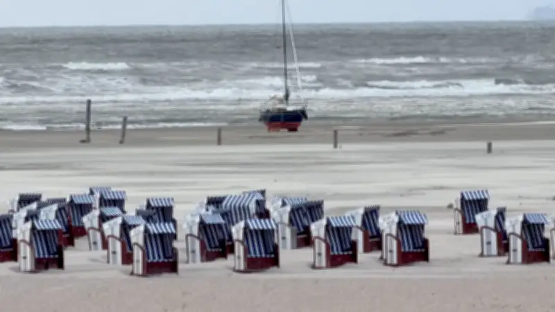 Sturm spült Segelschiff vor Strandkörben auf Norderney an