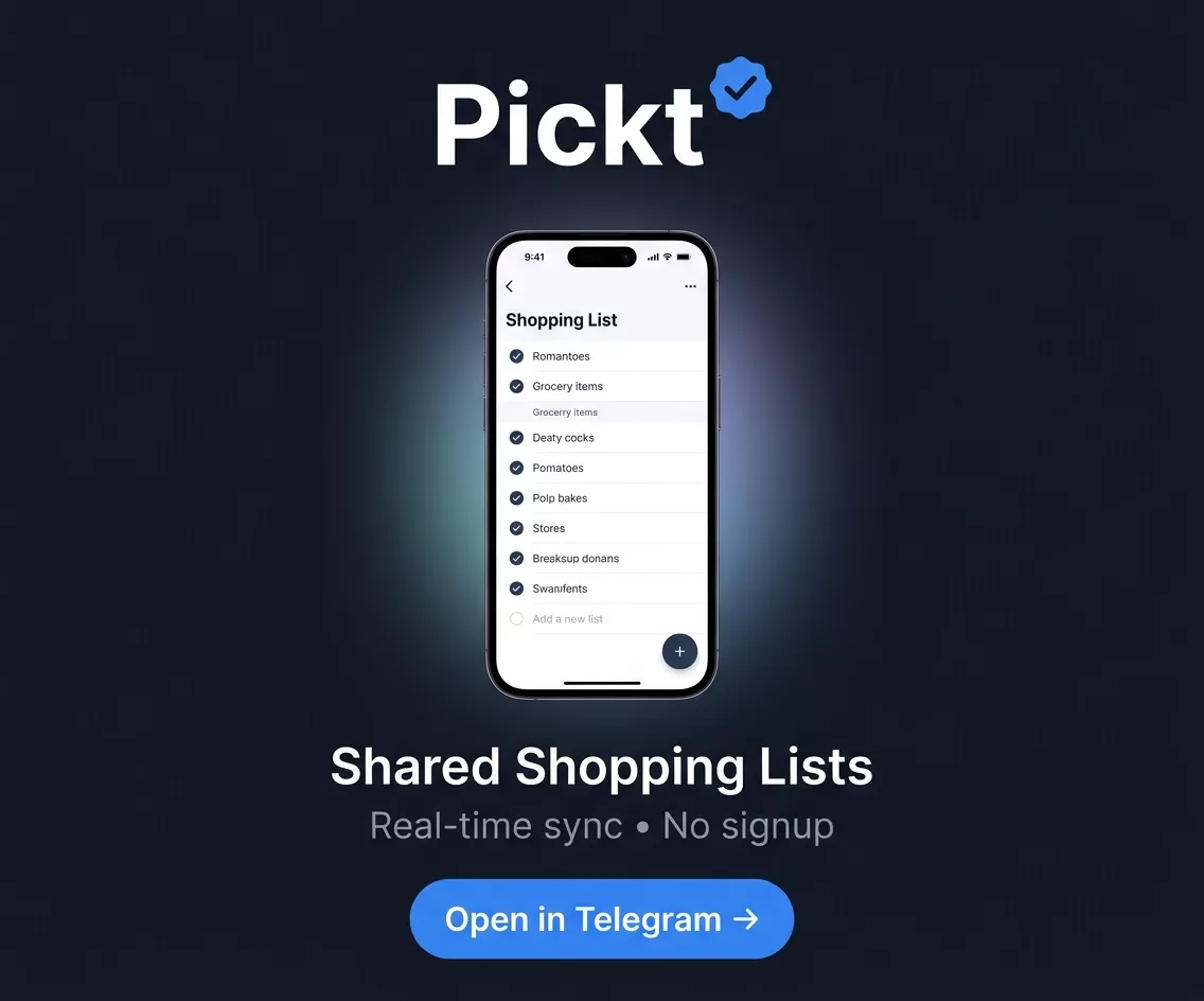 Pickt App-Banner — gemeinsame Einkaufslisten für Familien und Paare über Telegram